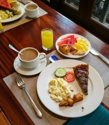 Image of beautifully served breakfast of organic food on a wooden table